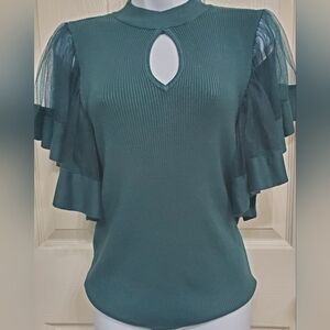 New York & Company Dark Green Ruffle Sleeve Blouse